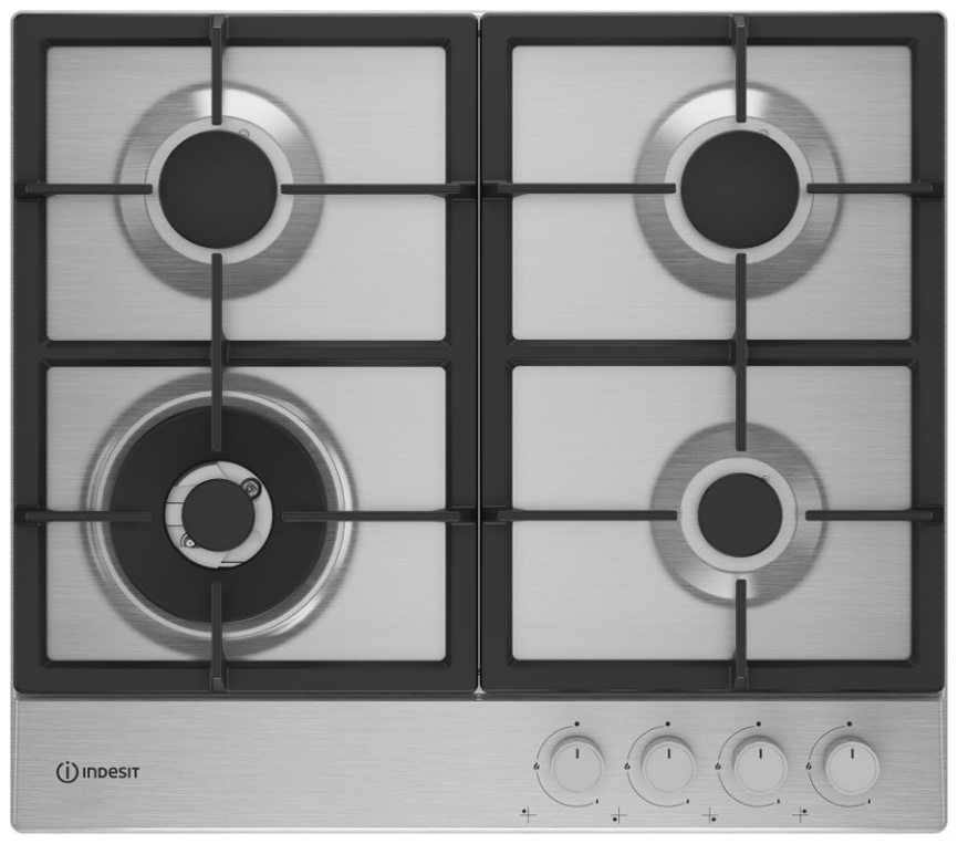 Газовая варочная панель Indesit THPM 642 W/IX/I RU 58 см, 4 конфорки электроподжиг газконтроль, серебристый фото 1