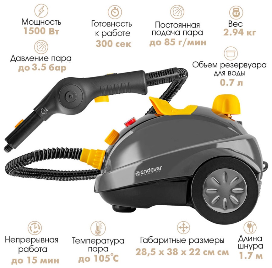 Отпариватель-пароочиститель Endever Odyssey Q-808, темно-серый/желтый фото 5