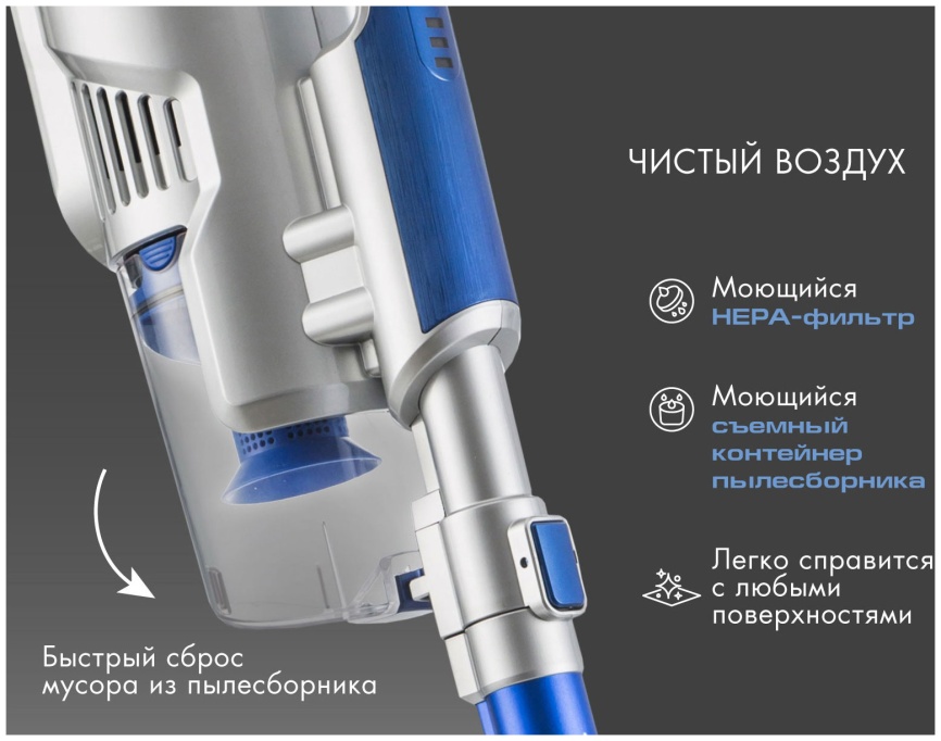 Пылесос вертикальный Endever SkyClean VC-302 (90246) синий/серебристый фото 5